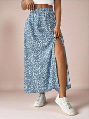 Light Blue Floral A-Line Skirt